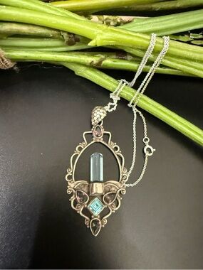 925 Sterling Silver Aquamarine Crystal Mystic Topaz  Ornate Pendant Necklace